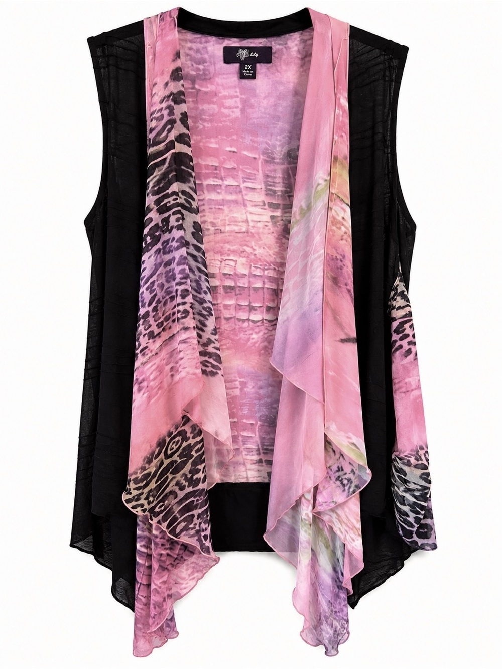 Lily Open Front Sheer Boho Mixed Animal Print Vest Size 2X